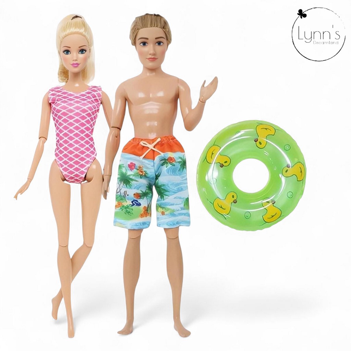 Lynn’s poppenkleertjes - Set ‘Robin’ - Geschikt voor modepop - Set van 2 badkleding outfits en 1 zwemband - Badpak - Zomer - Kleding voor modepoppen - Cadeauzakje